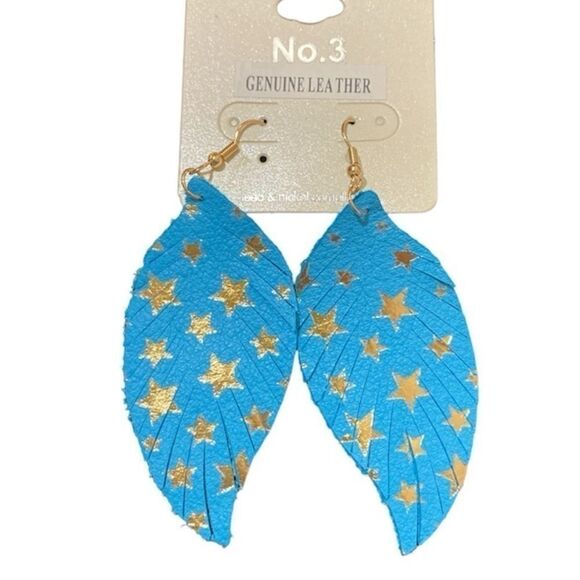 Gold Stars Turquoise Blue Leather Feather Earrings 3.5 Inches - Picture 2 of 6